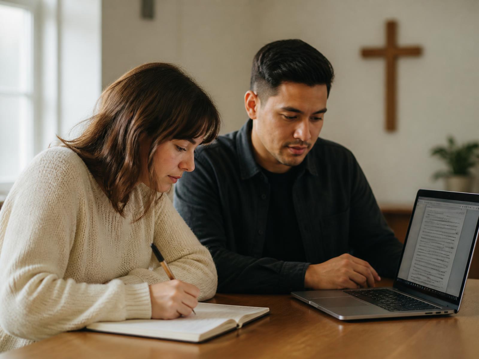 Two church communications staff working together in a bright parish office, one taking handwritten notes while the other reviews a draft on a laptop